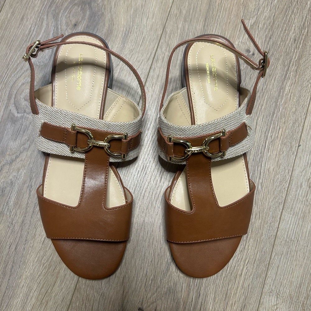 Liz Claiborne Brown Leather Canvas Sandals Size 9 Buckle Strap Low Heel - Picture 4 of 4